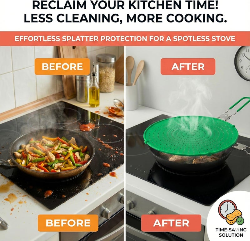Allumerous Store Silicone Splatter Screen for Frying Pan | Green 13"| No More Oil Splatters | Foldable Handle w/Sleeves, Heat-Resistant, Dishwasher-Safe | Versatile Fits 10"–12″ Pans (Most 13″ Skillets Compatible) - Image 5